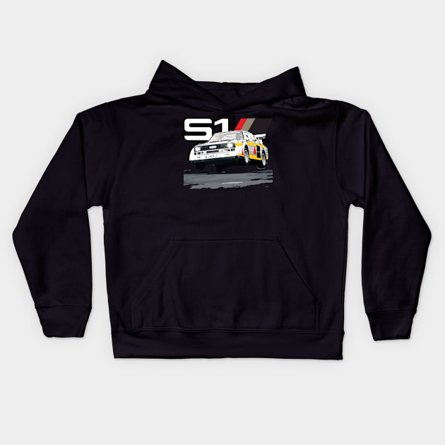 WRC Sport S1 E2 Group B Rally Car Stig Blomqvist, Mikkola 4X4 Walter Röhrl Kids Hoodie by cowtown_cowboy